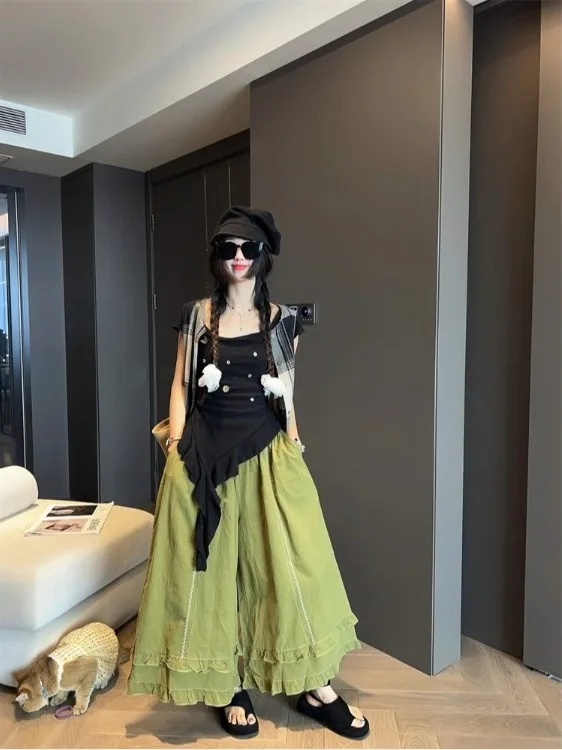 Spodnie z szerokimi nogawkami z haftem Ele, damskie, z wysokim stanem, luźne, codzienne spodnie-spódnica, koreański styl, do pracy, modne, na lato 2025