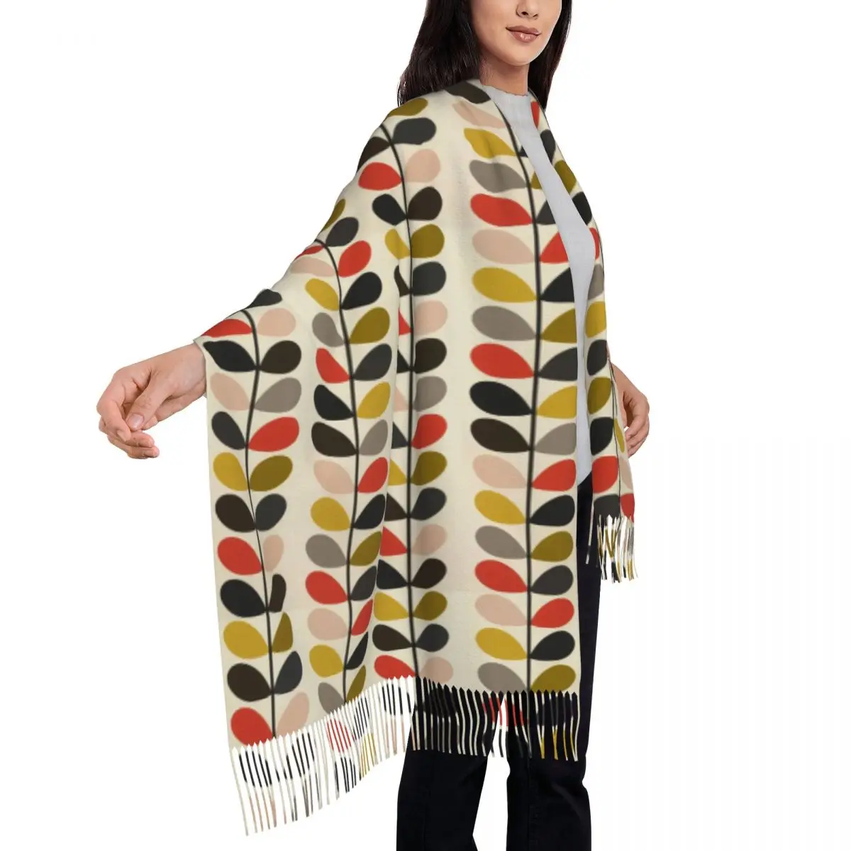 Orla Kiely Multi Stem Tassel Scarf Women Soft Flowers Floral Abstract Shawl Wrap Ladies Winter Fall Scarves