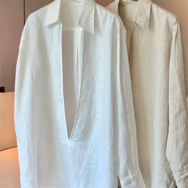 

Breathable Cotton Ramie Linen Women Blouse Runway Summer Loose Deep V Neck Blouses Thin Solid Long Sleeve Shirts