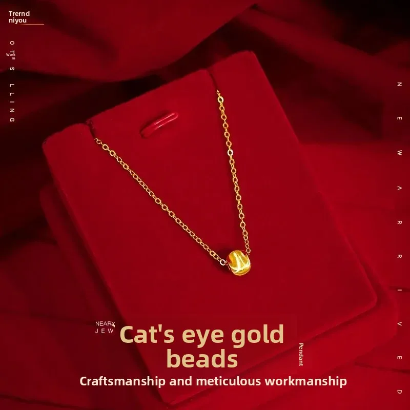 Pure 24K 999 Gold Necklace Cat's Eye Gold Bead Clavicle Necklace Female Plated 18k Lucky Gold Bead Pendant Valentine's Day Gift view 2