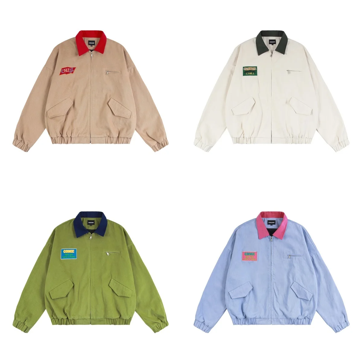 New Color Block Collar Retro Work Jacket Unisex American Candy Color Embroidered Patch Loose Casual Coat