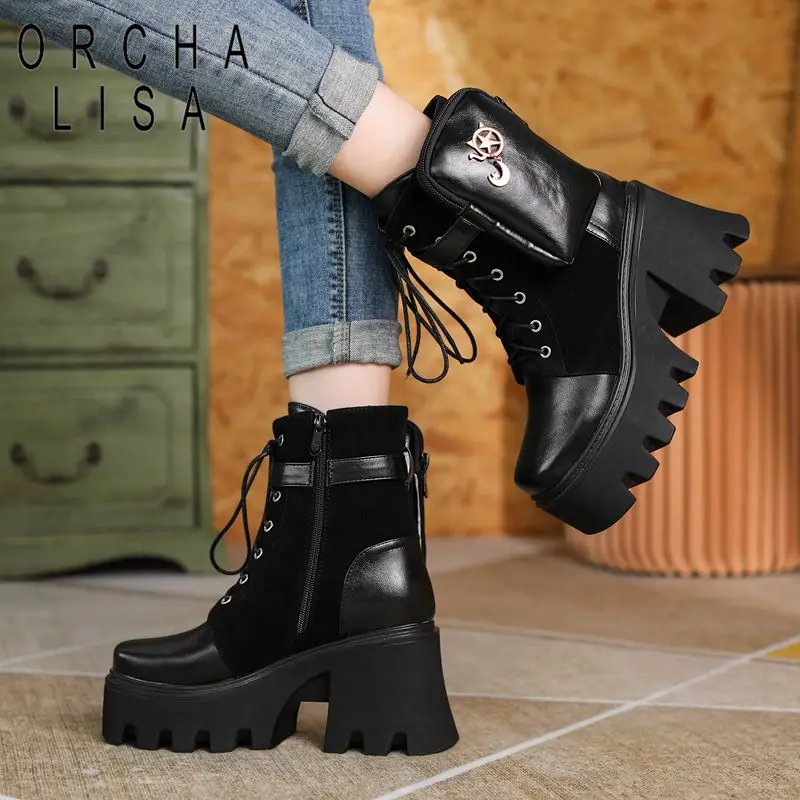 

ORCHA LISA New Women Ankle Boots Square Toe Chunky Heels 9cm Platform 5cm Zipper Lace Up With Pocket Suede Splice Big Size 43 44