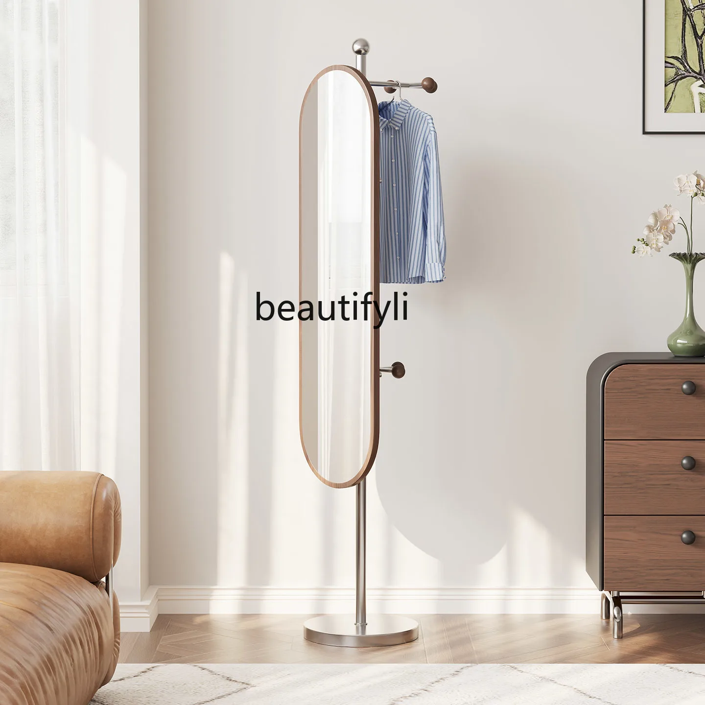 

Solid wood small floor-to-ceiling rotatable full-length mirror coat rack integrated household bedroom door hanging hanger