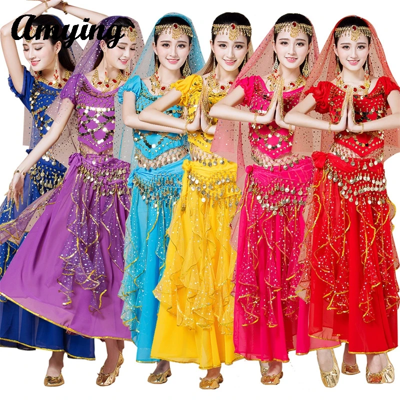 New Shining Belly Dance Pendant Coin Ribbon Skirt Stage Performance Costume Indian Dance Practice Dress Short Sleeve Skirt