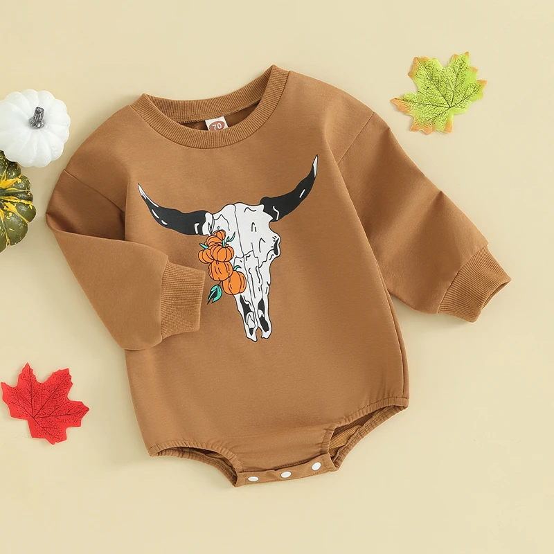 

Infant Unisex Halloween Rompers with Pumpkin and Cow Print Crew Neck Long Sleeve Toddler Fall Bodysuits for Baby Girls and Boys