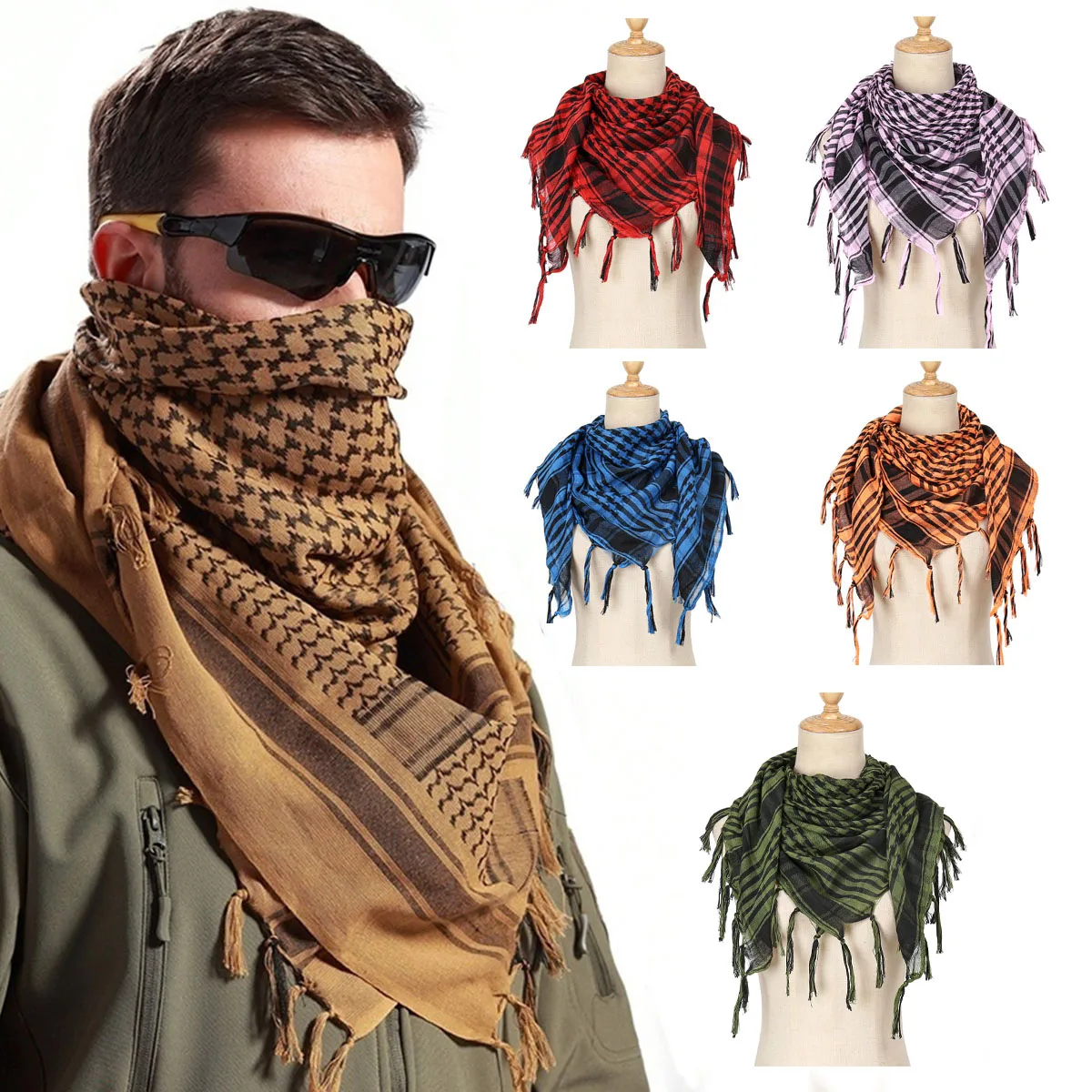 Outdoor Tactical Arabic Scarf Men\'s Neck Set Versatile Arabic Square Scarf Warm and Windproof Scarf Jacquard with Tassel Desert