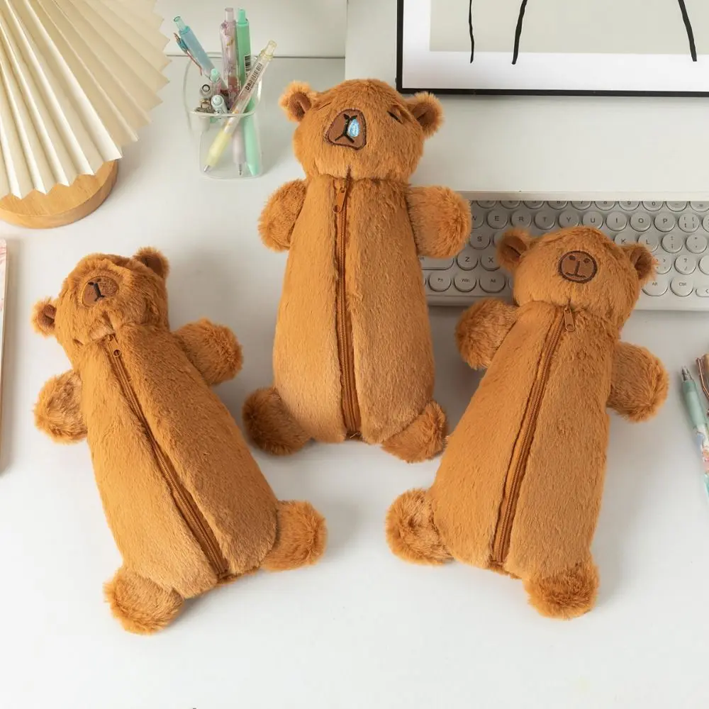 New Plush Capybara Pen Bag Cartoon Brown Stationery Bag Large Capacity Multifunctional Pen Box School Office Supplies