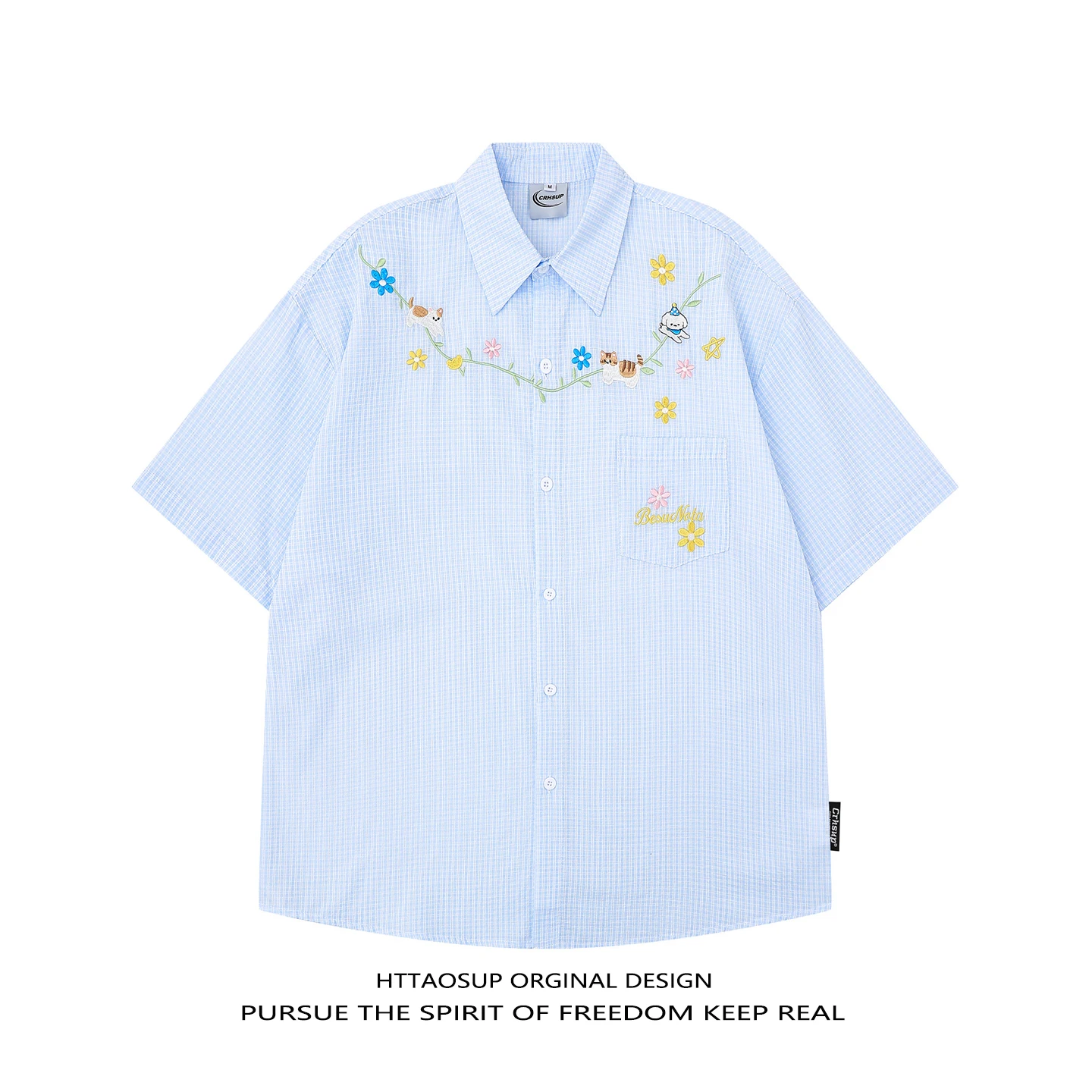 

HTTAOSUP American Plaid Style Men's Short Sleeve Shirt Loose Fit Casual Shirt with Embroidery Floral Pattern Breathable Polye...