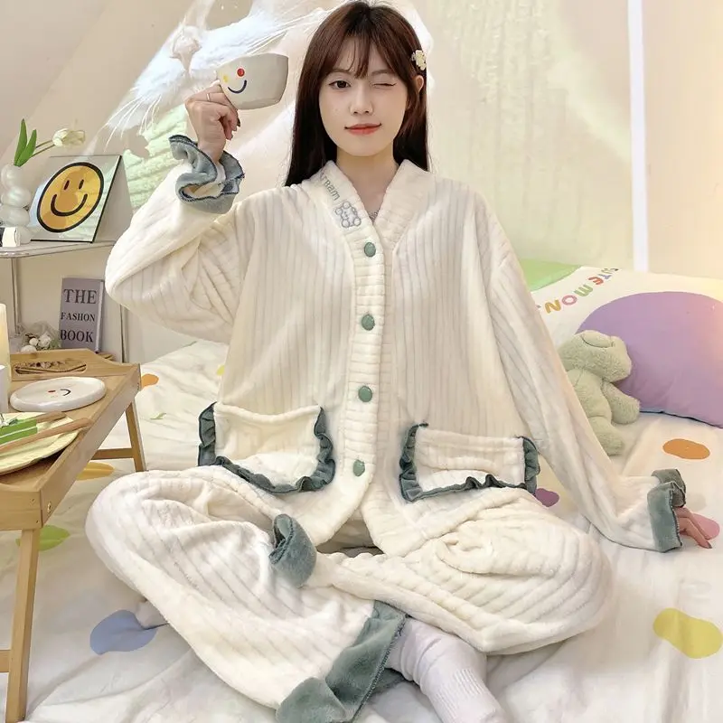 Pajamas Women Autumn Winter Coral Fleece Thickened Velvet Padded Loose Sleepwear Flannel Warm Stand Collar Student Homewear Suit
