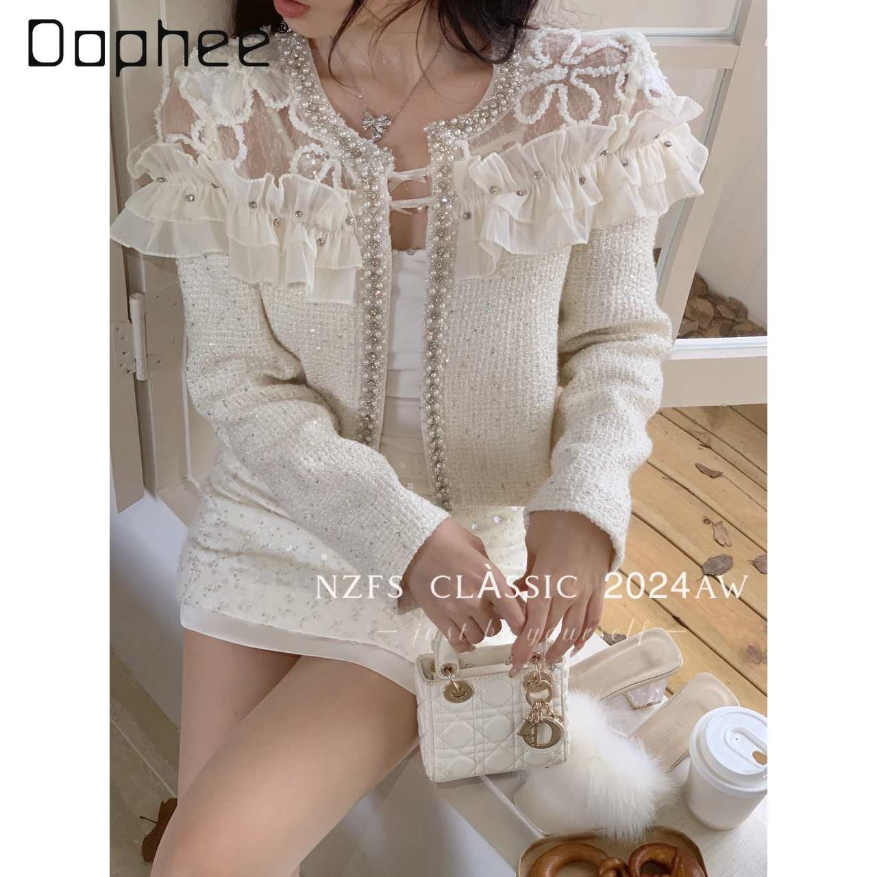 

2024 Autumn French Beading Short Jacket Ruffle Lace See Through Sequin Temperament Round Neck Coats Ladies Outwear Fashion