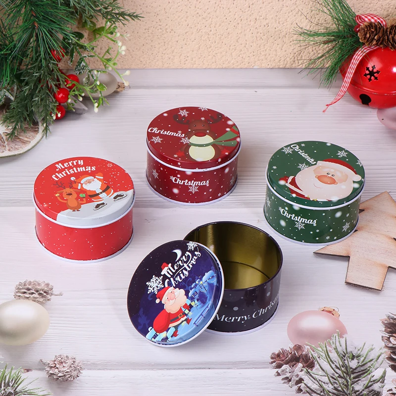 1Pc Tinplate Christmas Candy Can Round Cartoon Santa Claus Elk Letter Printed Box Xmas Candy Chocolate Cookie Box Small Gift Box