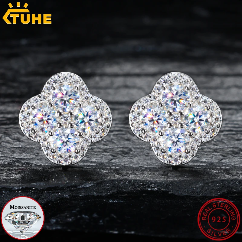 

TUHE Four Leaf Clover Moissanite Stud Earrings 925 Sterling Silver D Color VVS1 Moissanite For Woman Hip Hop Jewelry Party Gift