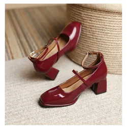 2024 New Women's Mary Janes Shoes High Quality Leather Shoes for Women Square Toe Shallow Buckle Strap Women's Shoes sandalias