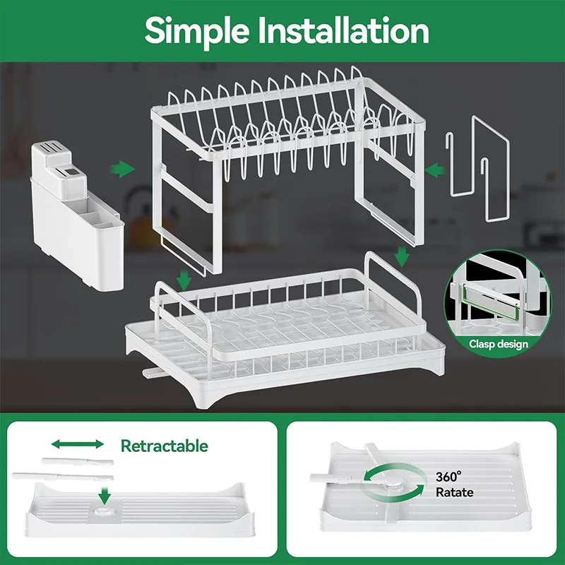 2 Tiers Kitchen Dish Bowl Drainer Storage Rack With Chopstick Cage Space Saver Kitchen Counter Organizer Tableware Drainboard