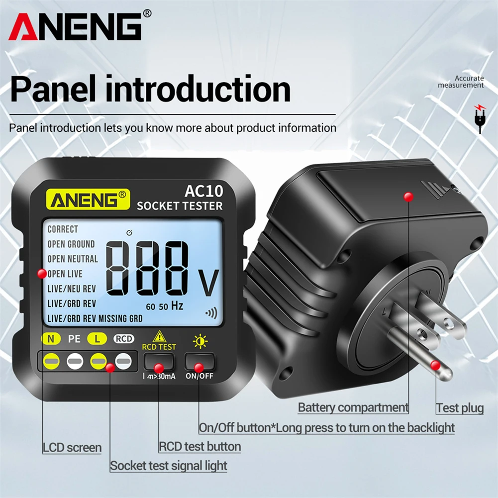 ANENG AC10 Socket Tester Plug LCD Digital Power Voltage Detector Zero Line Plug Polarity Phase Check US/EU/UK Multimeter Tester