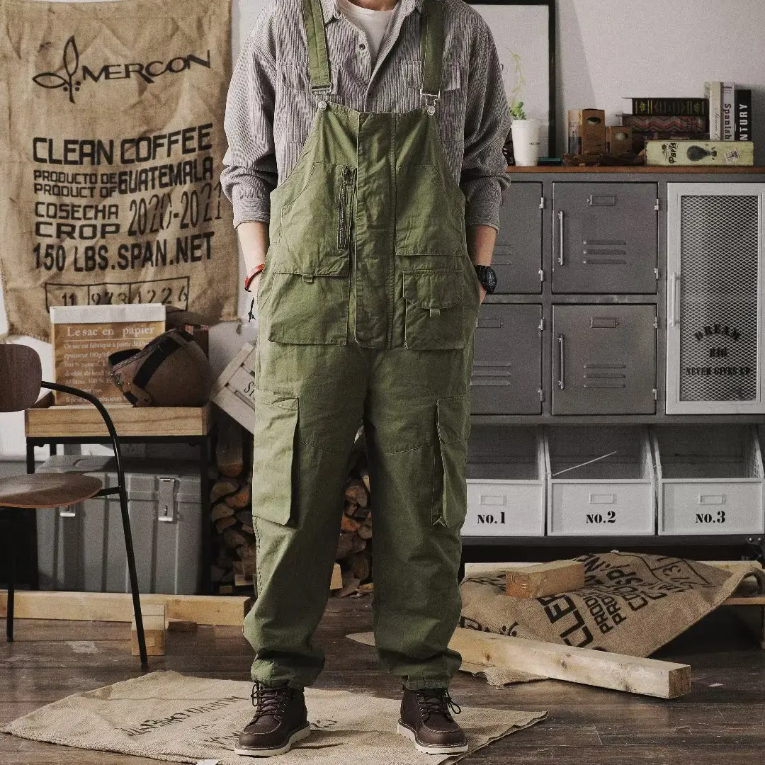 

American Retro Men's Workwear Overalls Casual Fashion Washed 100% Cotton Jumpsuit Cargo Multi Pocket Suspenders Baggy Pants