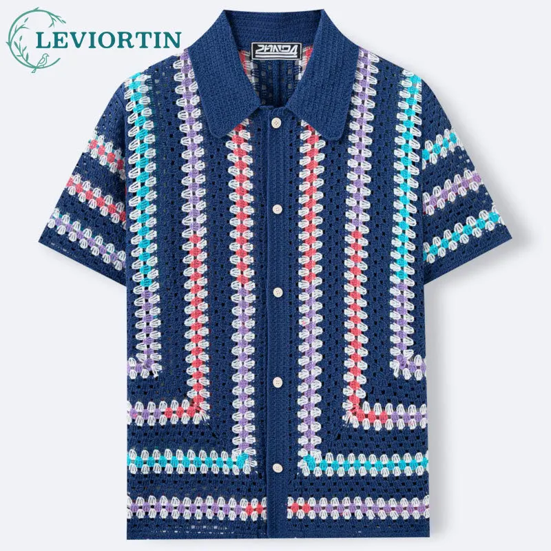 Summer European and American fashion versatile new water-soluble knitted shirt men's hollow cardigan short sleeved polo shirt