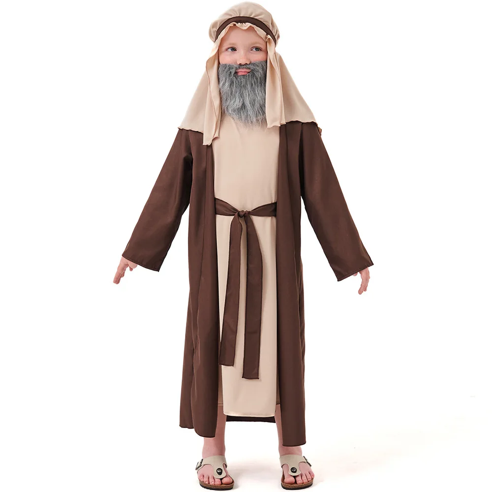 Hot Sale Arab Brown Grandpa Halloween Costume Middle Eastern Shepherd Robe for Kid Boys with headgear