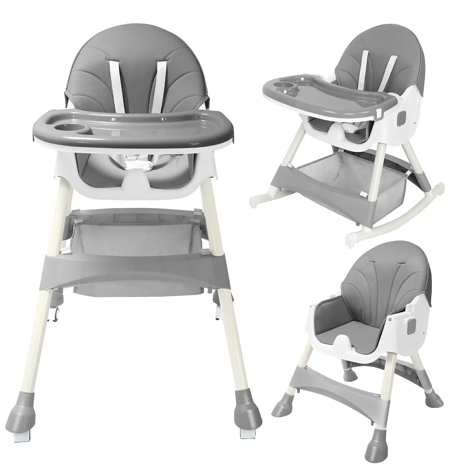 Convertible 4-in-1 Baby High Chair for Toddlers with Removable Tray, Wheels & Safety Belt (Gray)