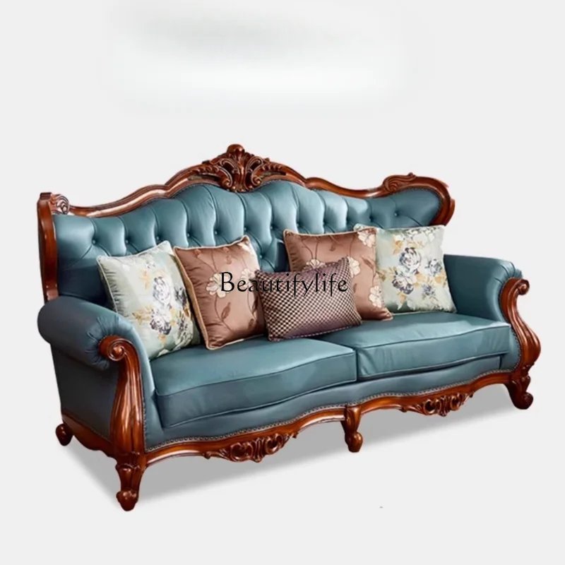 

LD33American leather sofa European solid wood luxury villa living room retro sofa