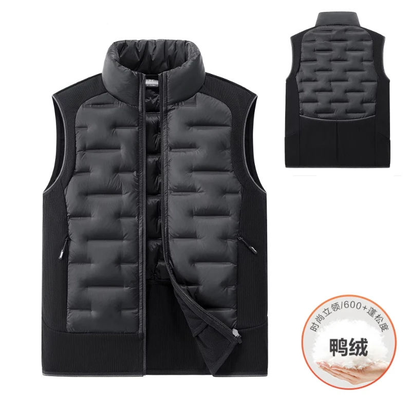 New Autumn Winter Mens Spliced Stand Collar Duck Down Vest Lightweight Warm Cold Proof Outer Sleeveless Thermal Casual Waistcoat