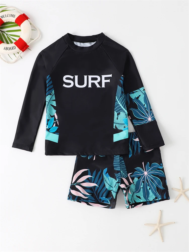 Boy Swimsuit 2024 New Leaves Print Long Sleeve Children Swimwear Summer Two Piece Kids Beach Wear Swimming Bathing Suit Boys Men