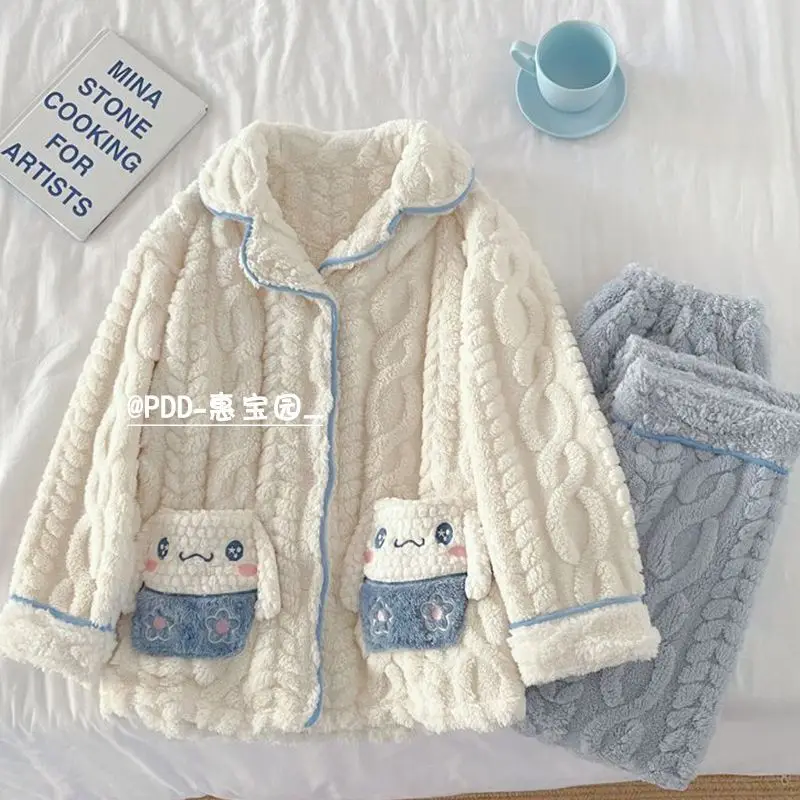 

Комплект женской пижамы Sanrio Cinnamoroll: милый фланелевый флисовый костюм из кораллового флиса, толстый, теплый, зимний, для студентов, для дома и сна