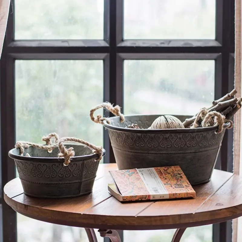 American Farm Vintage Herb Planter Okrągła Galwanizowana Metalowa Umywalka Lina Konopna Uchwyt Dekoracja Ogrodowa Ocynkowana Doniczka Ogrodowa Ziołowa