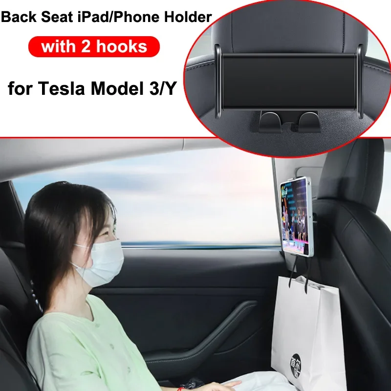 For Tesla Model 3 Y Phone Holder Rear Seat Back Hook Pad Tablet PC Stand Mount Backseat Headrest Bracket Clothes Hanger