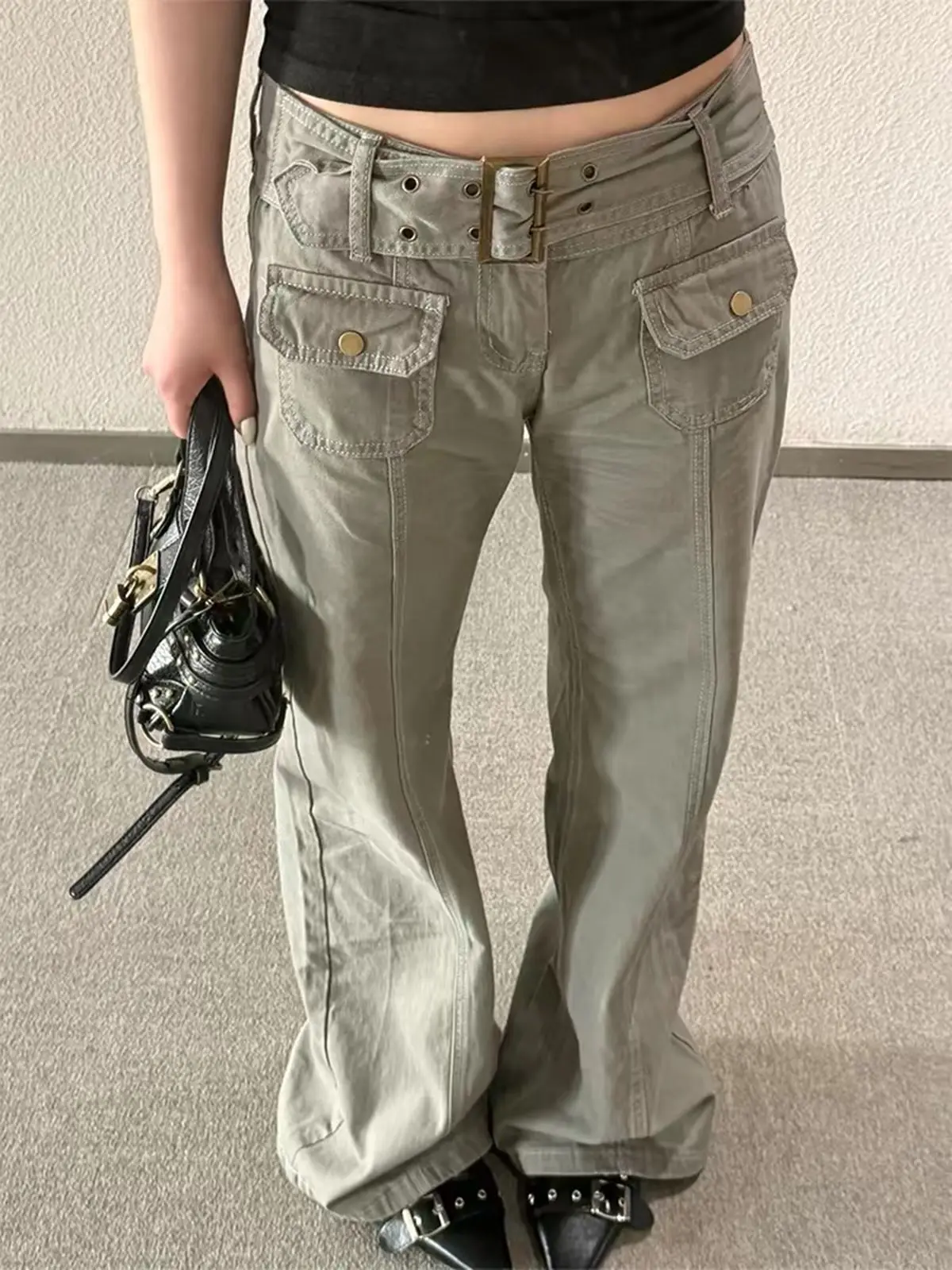 Grey Multi Pocket Cargo Pants Women Summer High Street Techwear Loose Streetwise Trousers
