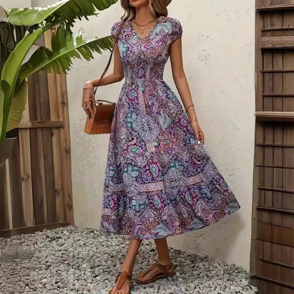 Französischer Stil, böhmisches bedrucktes mittellanges Kleid, neues exotisches Resort-Mode-Damenrockkleid