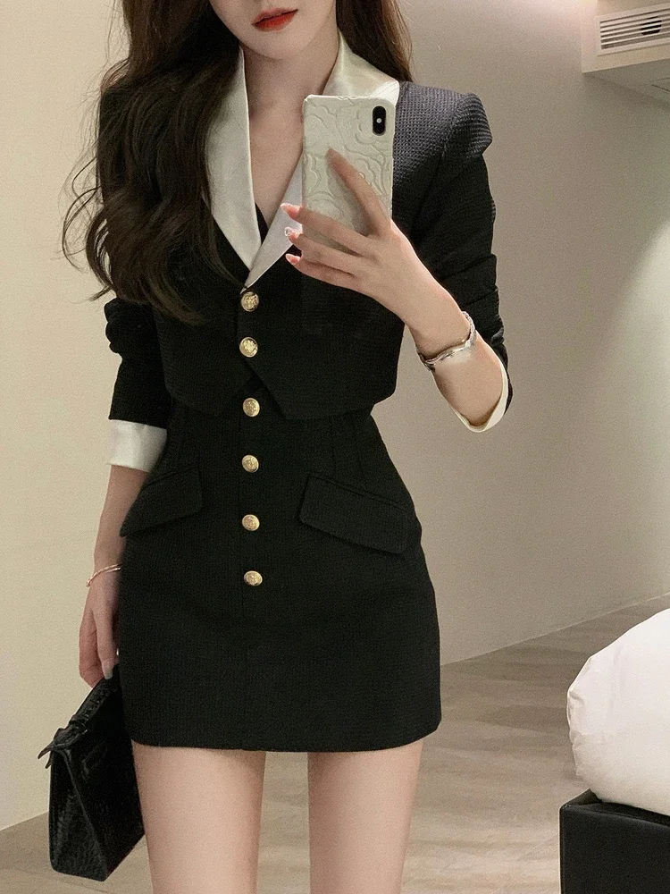 

Black Y2k Mini Skirt Set Women Casual Korean 2 Piece Dress Set Crop Tops Jacket Tops + Short Skirts Elegant Suit 2024 Autumn New