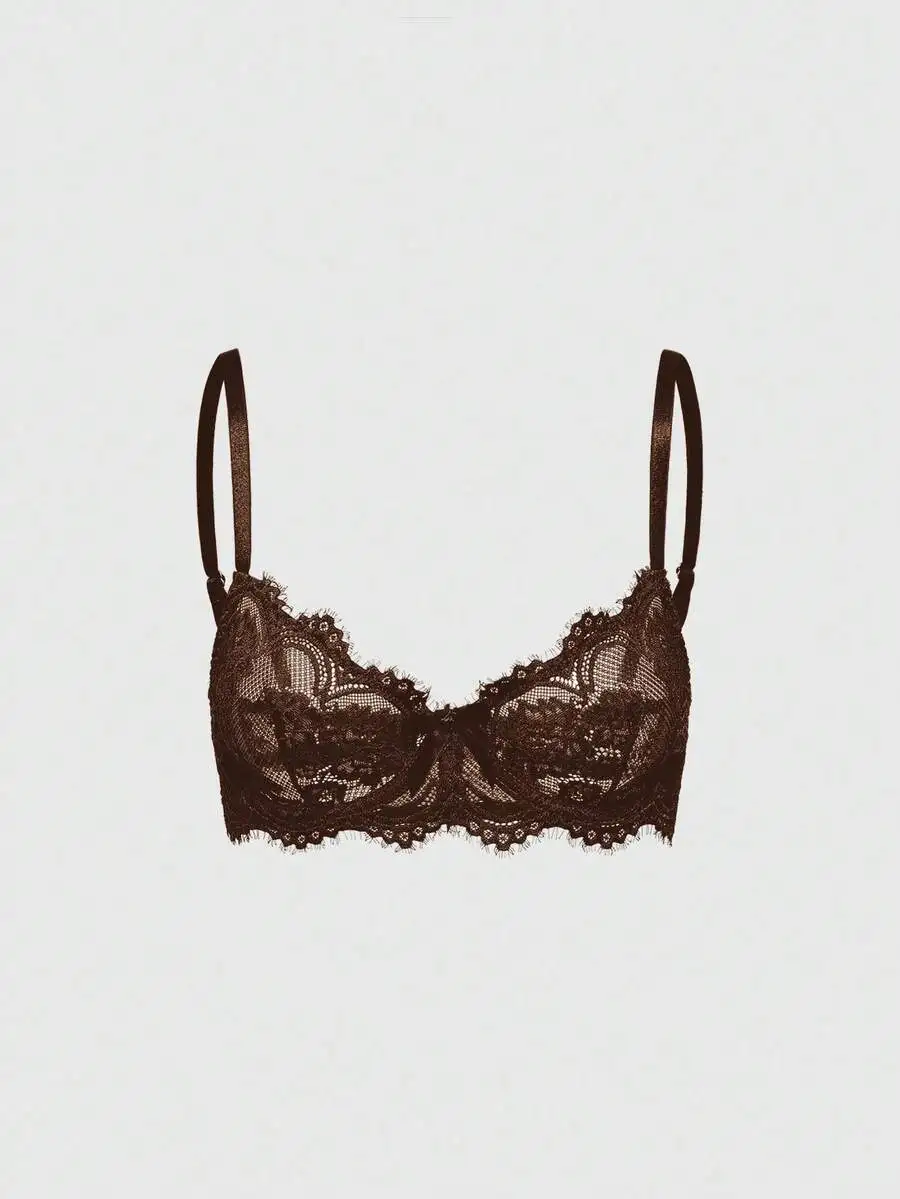 

Dark Brown Lace Triangle Bra With Underwire, Floral Motif, And Delicate Edging
