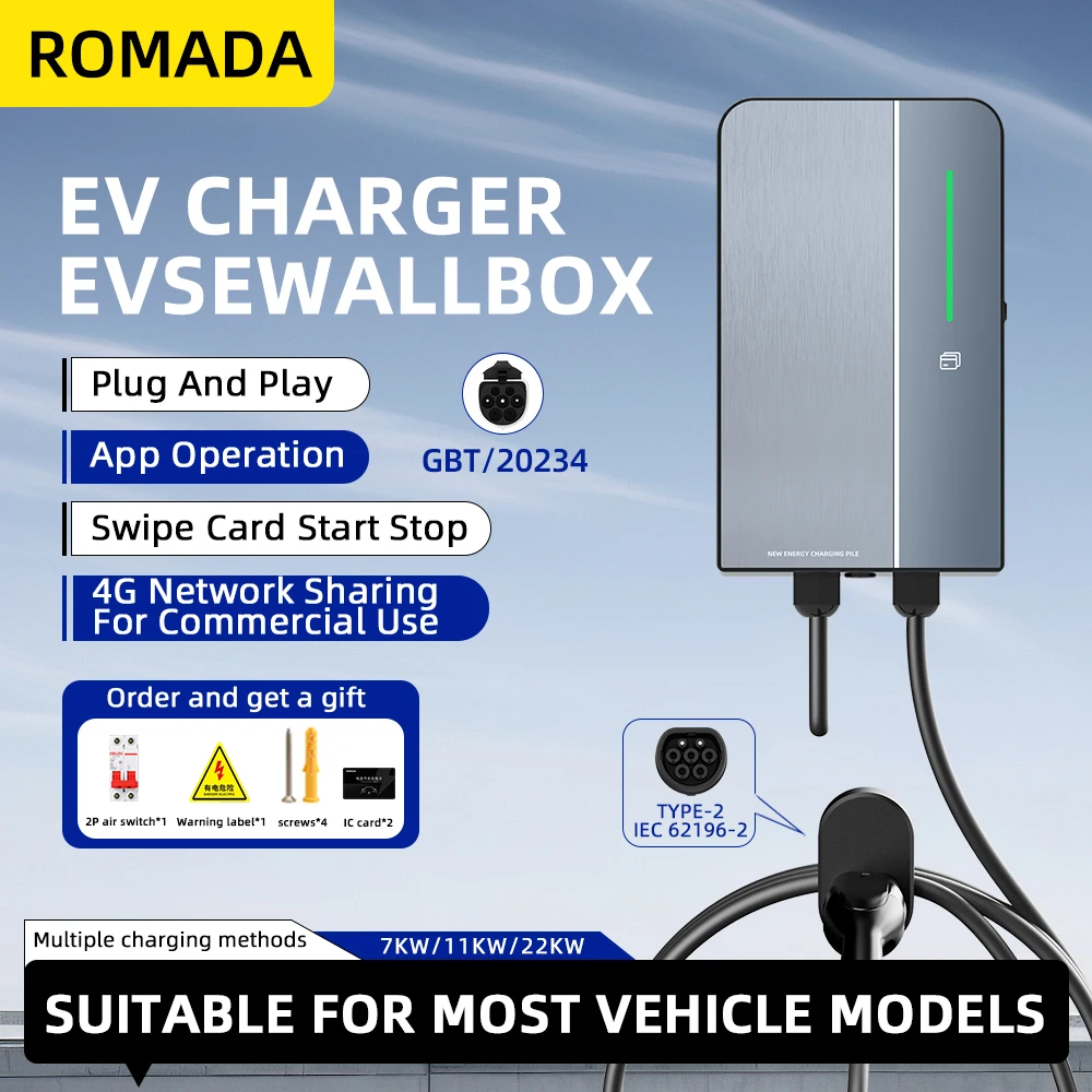 

ROMADA 3-фазное зарядное устройство для электромобилей 32A 22KW, зарядная станция Type2 IEC62196 GBT20234, автомобильное зарядное устройство с управлением через приложение Bluetooth Wallbox