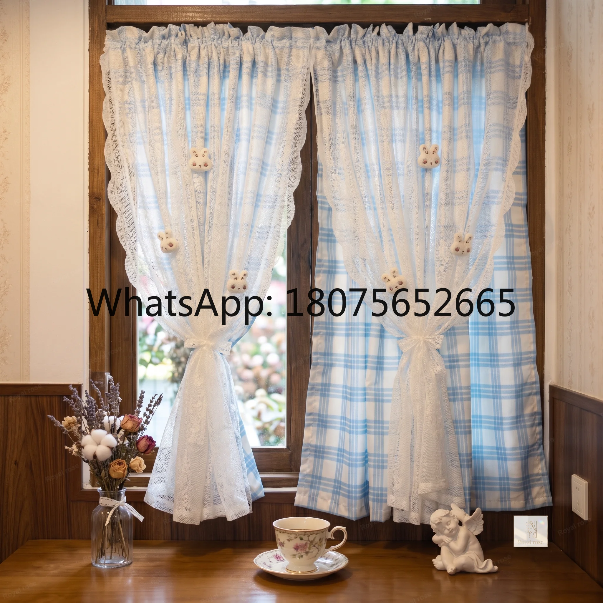 Dopamine ins style milk blue plaid door curtain korean style double layer lace small fresh half curtain kitchen partition