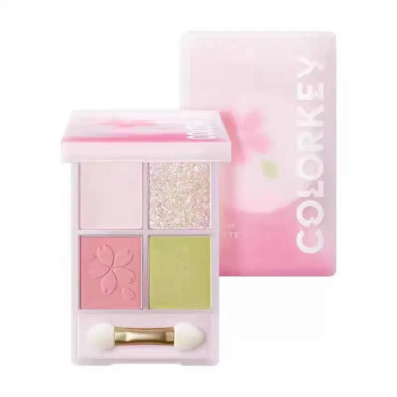 พาเลทอายแชโดว์ 4 สี ลายดอกซากุระ กลิตเตอร์ละเอียด สีชมพูแต่งหน้า ชิมเมอร์ละเอียด สีเขียว ไฮไลท์กลิตเตอร์สำหรับใช้ทุกวัน ติดทนนาน