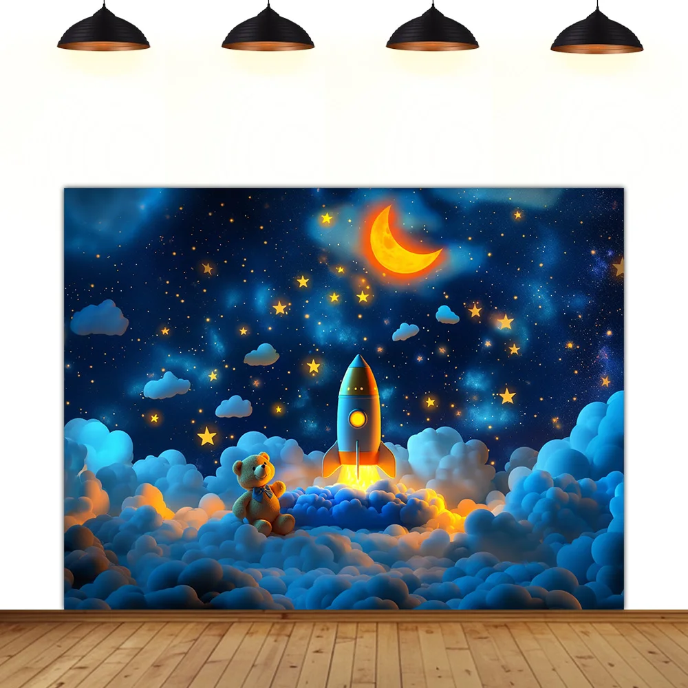 

starlit sky theme background evening star rocket space Little Bear planet moon children room decoration photography backdrop