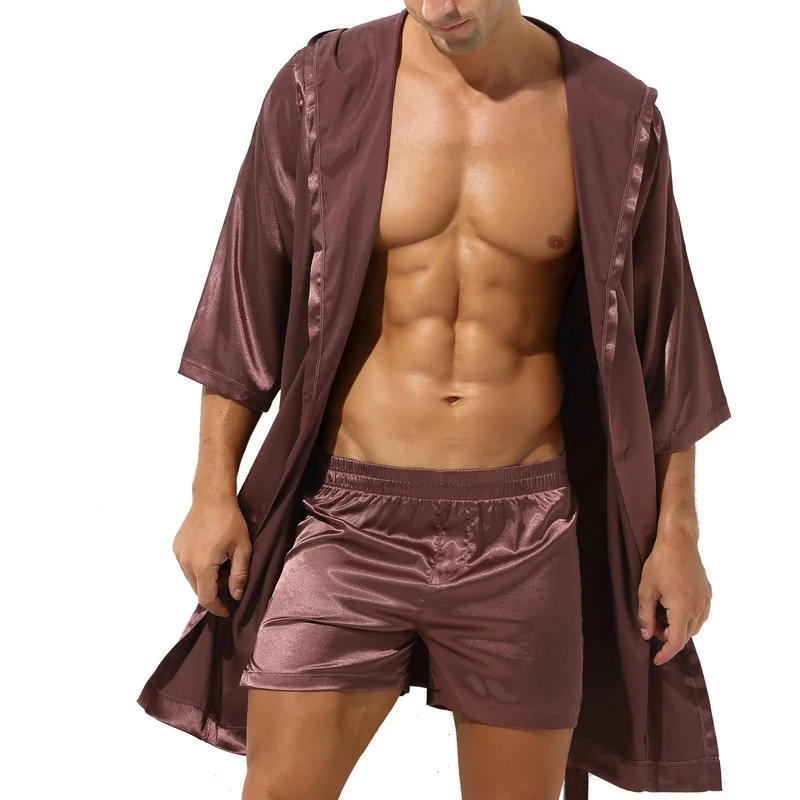 Mens Hooded Bathrobe With Shorts Set Short Sleeve Men Pajama Bath Robe Set Summer Silk Satin Nightgown Kimono Bathrobe Sleepwear