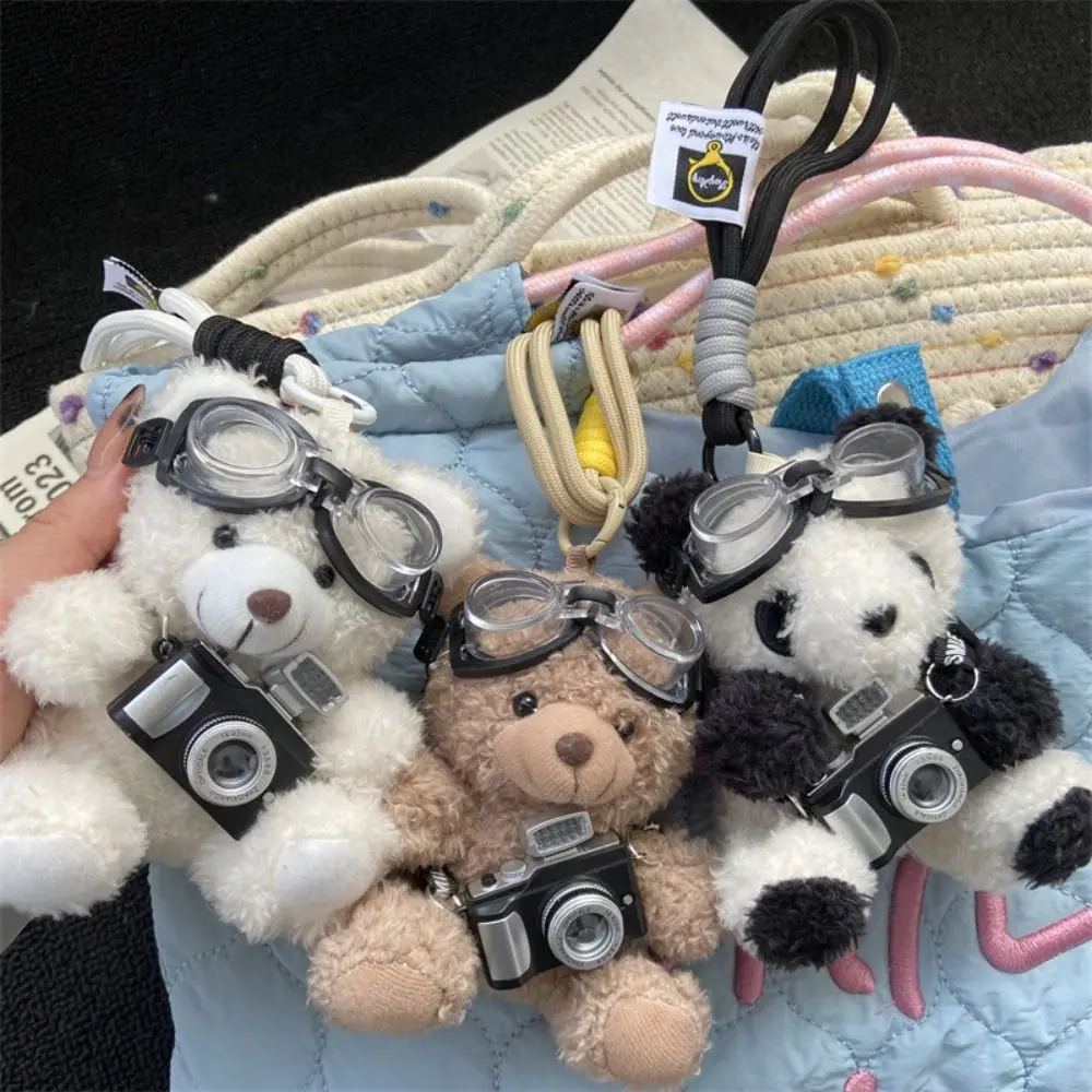 With Glasses Pilot Bear Keychain Camera Stuffed Panda Plush Doll Keychain Animals Cute Bear Doll Bag Pendant Couple