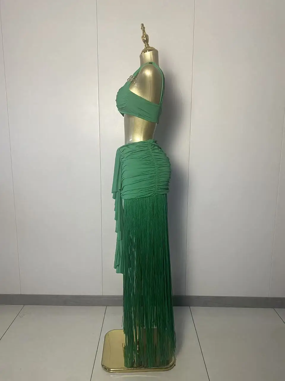 2025 New Women Sexy Strapless Tops Green Tassel Two Pieces Skirt Set Elegant Evening Club Party Outfits