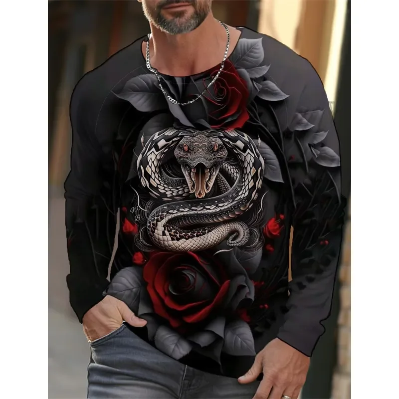 3D Long Sleeve Mens Streetwear 2026 Fierce Snake Print T Shirt Casual Crew Neck Graphic Tee Breathable Sports Tops Fashion