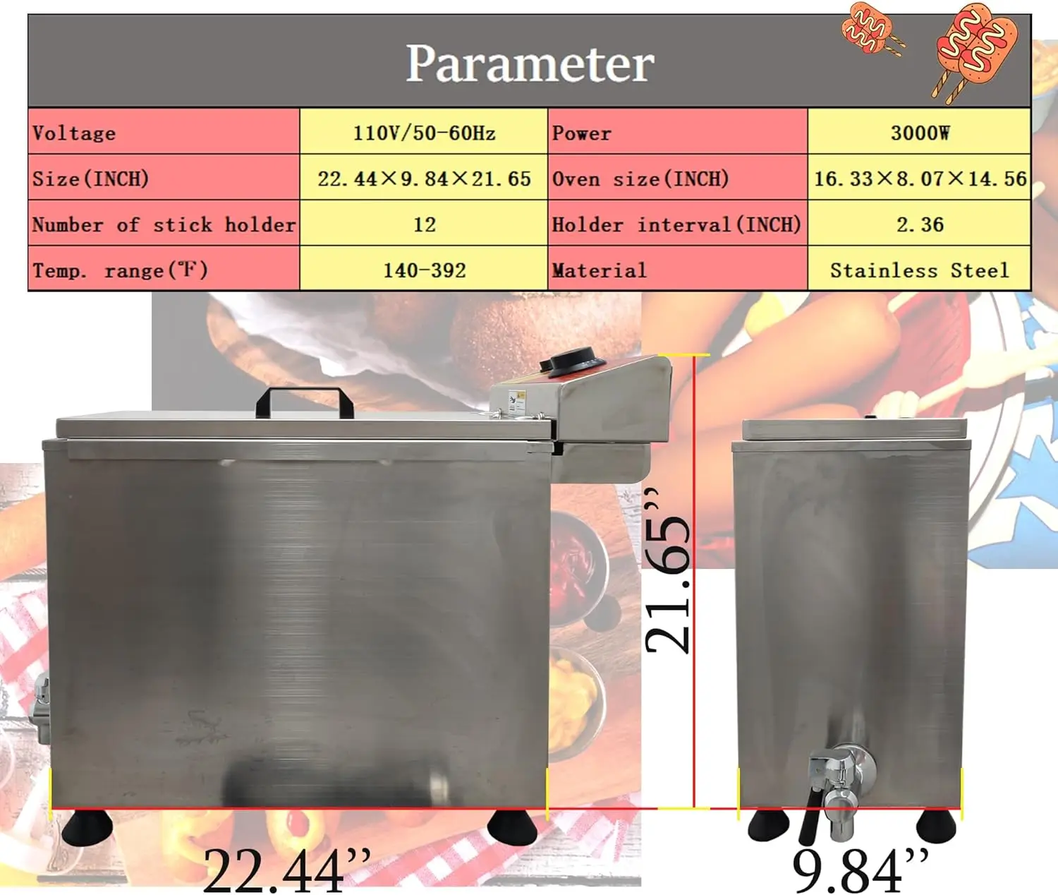 ماكينة مقلاة كلب الذرة الكهربائية التجارية، 110 فولت/1.8 كيلو وات، سعة كبيرة 25 لتر، 12 حامل عصا، مقلاة كهربائية عميقة للكلب الساخن