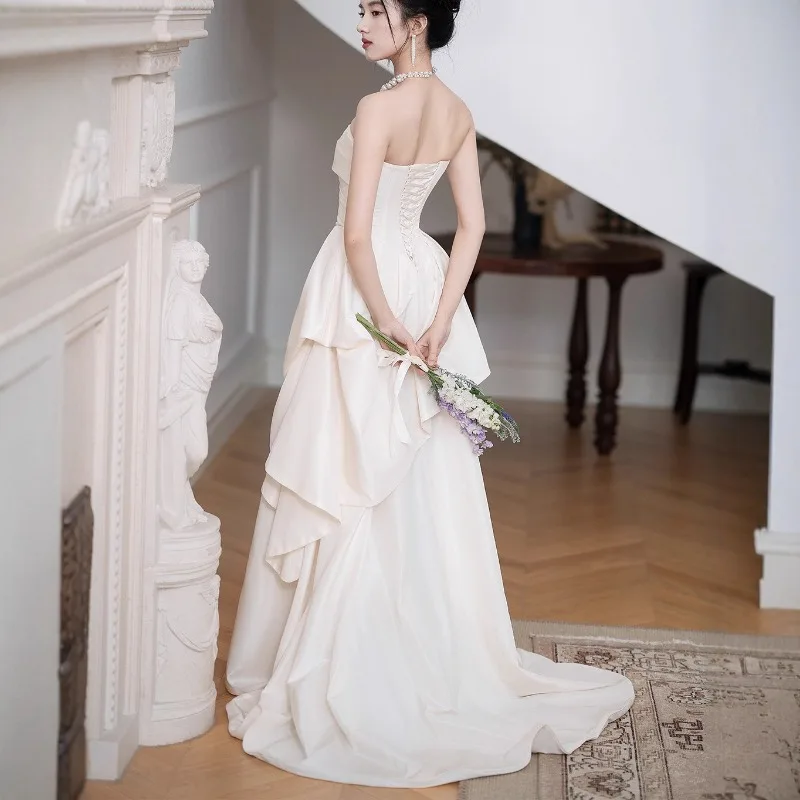 فستان زفاف فرنسي بدون حمالات، فستان زفاف خفيف وفريد للنساء، مناسب للتسجيل، أنيق، فستان أبيض طويل