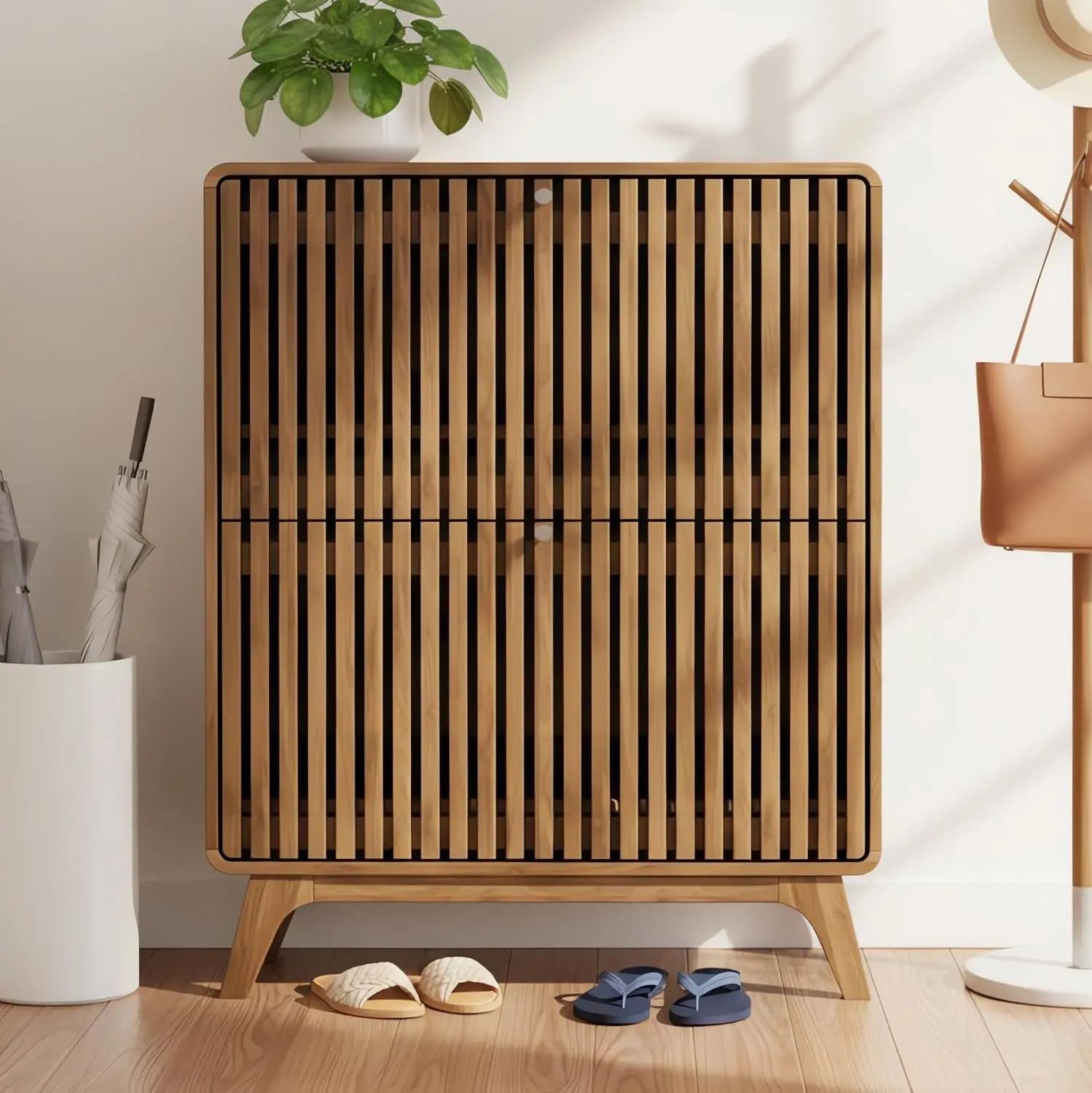 Fluted Narrow Shoe Cabinet for Entryway, Slim Wood Shoe Storage Cabinet with Flip Drawers, Bamboo Thin Shoe Rack, Customized