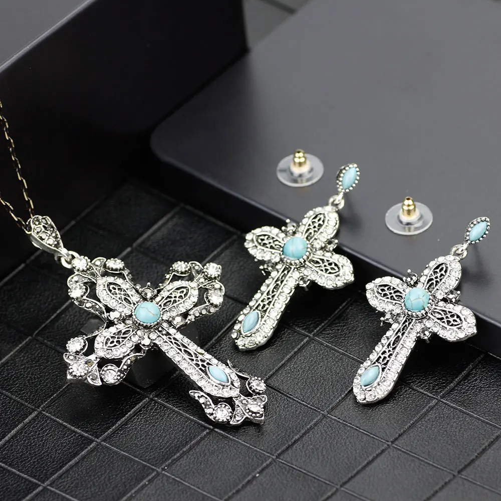 Sunspicems Chic Turkish Cross Jewelry Set Drop Earring Pendant Necklace Set for Women Antique Gold Silver Color Religious Bijoux