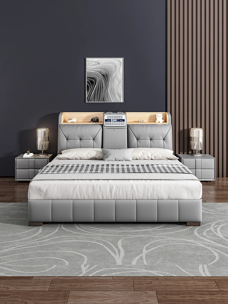 Leather bed is modern, simple, light and luxurious, small and intelligent, high-end double multifunctional storage.