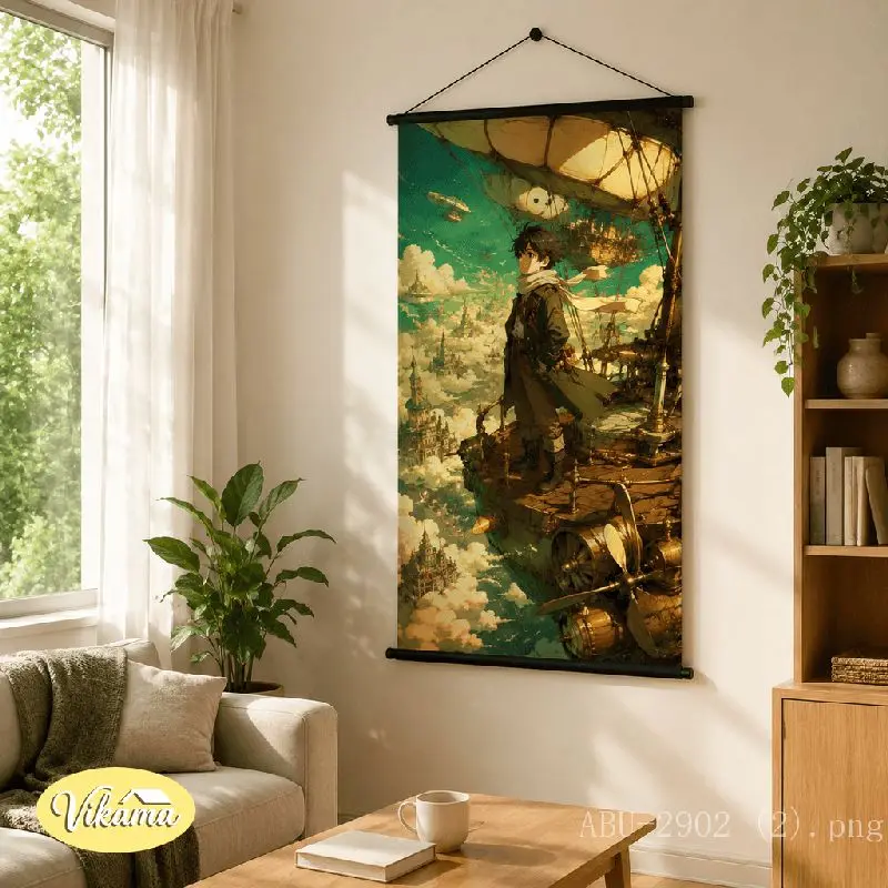 VIKAMA Steampunk Anime Boy Tapestry Flying Ship Sky City Cloud Adventure Scarf Art Wall Hanging for Bedroom Aesthetic Home Decor