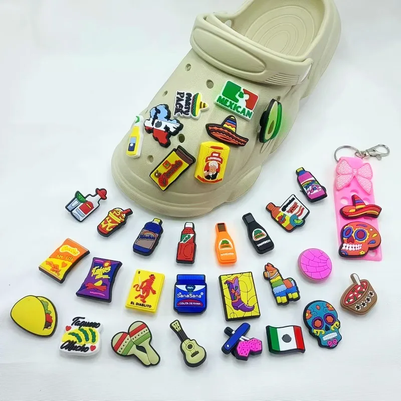 33 PCS Mexican Inspired For Croc Shoe Charms With 1 Keychain, Hispanic Charms Pins Accessories,Girls Women Favorite Gift