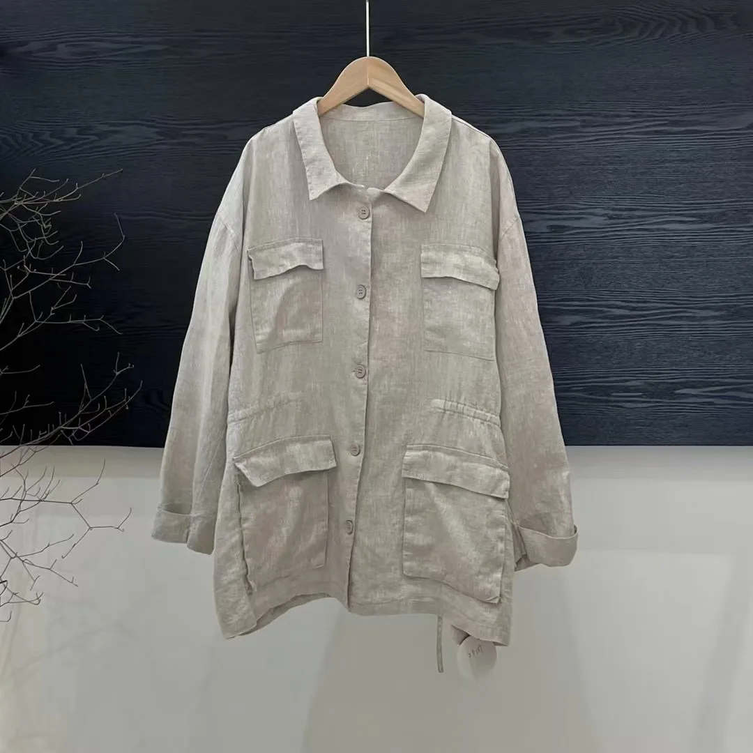 

SuperAen Turn-down Collar Cardigan Long-sleeved Linen Artistic Retro Spring and Summer New Loose Women's Shirts