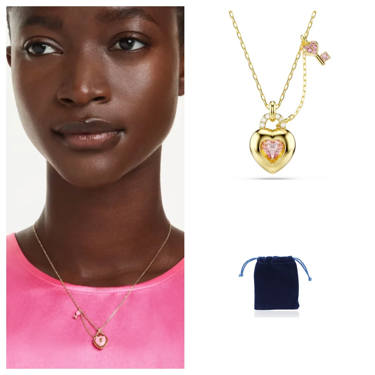 

Idyllia pendant Mixed cuts, Heart, Key, Pink, Gold-tone plated